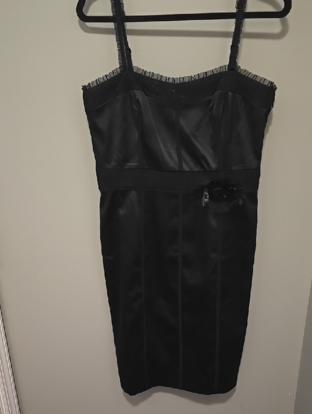White House Black Market Black Satin Midi Sheath Dress with Ruffle Trim